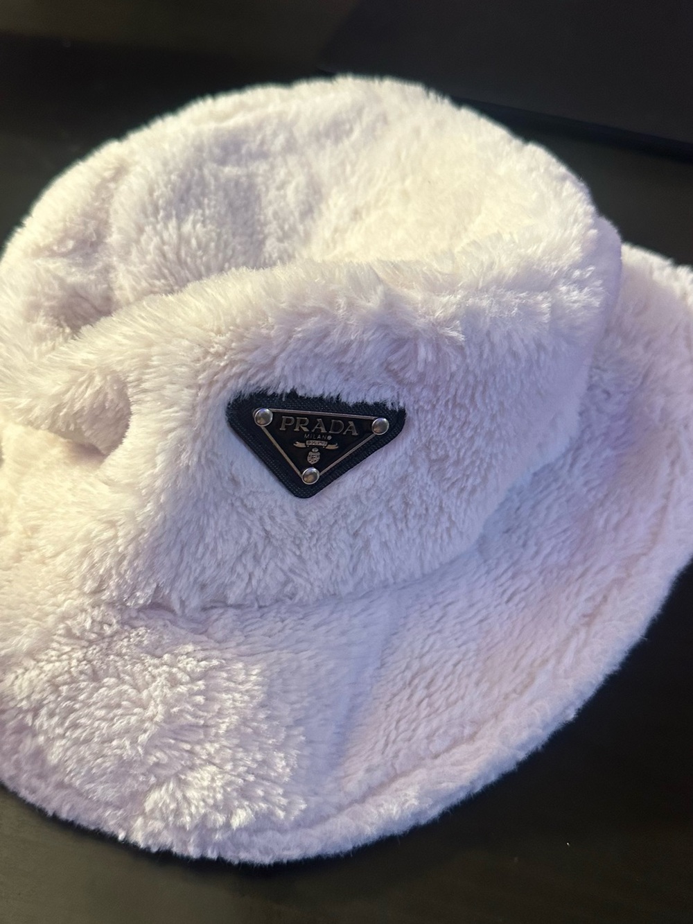 Prada Cream Faux-Fur Bucket Hat with Logo Plaque - Picture 7 of 7